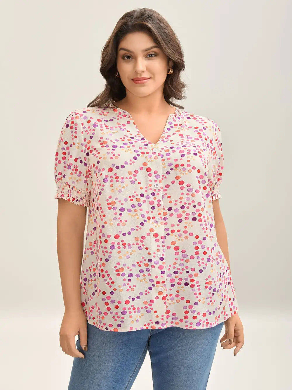 Pretty Polka Dots Shirred Sleeve Shirt