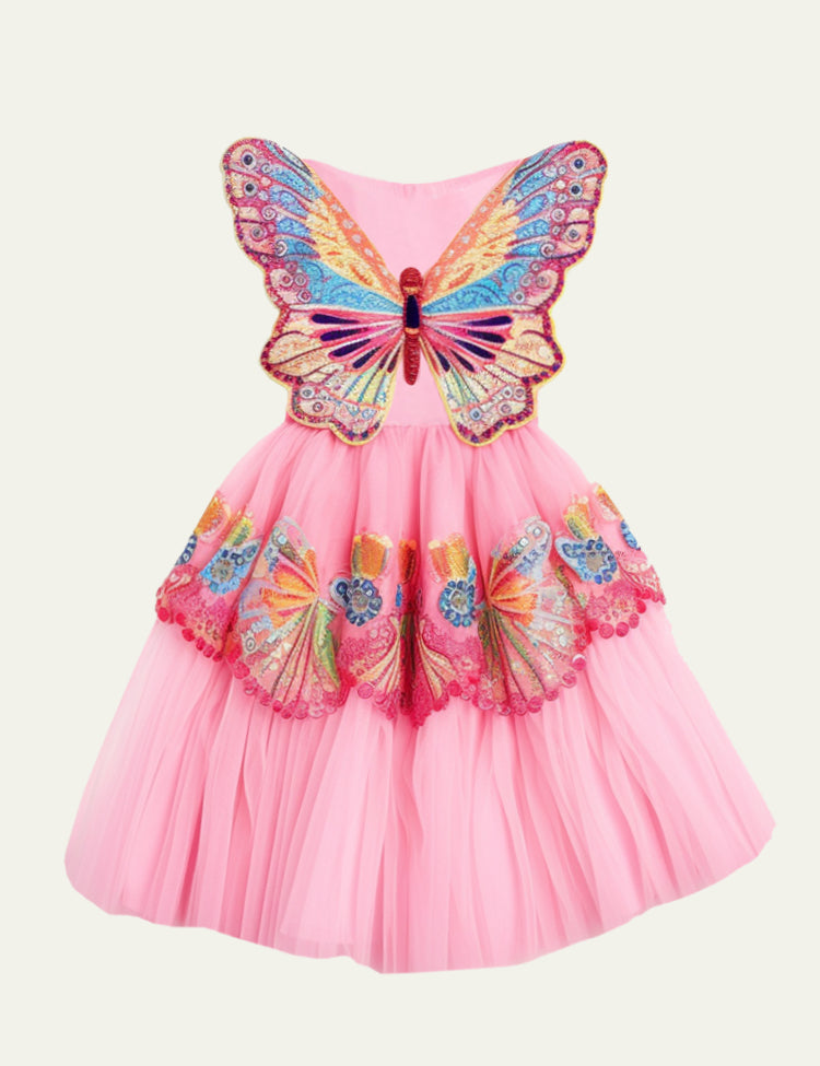 Robe taille haute brodée de papillons pour petite fille