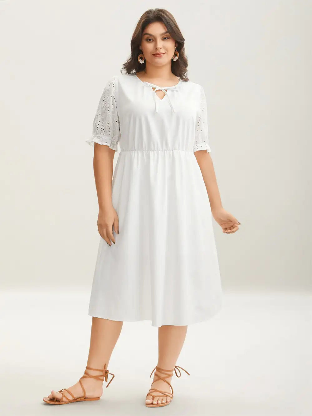 Textured Eyelet Sleeve Pockets Midi Dress