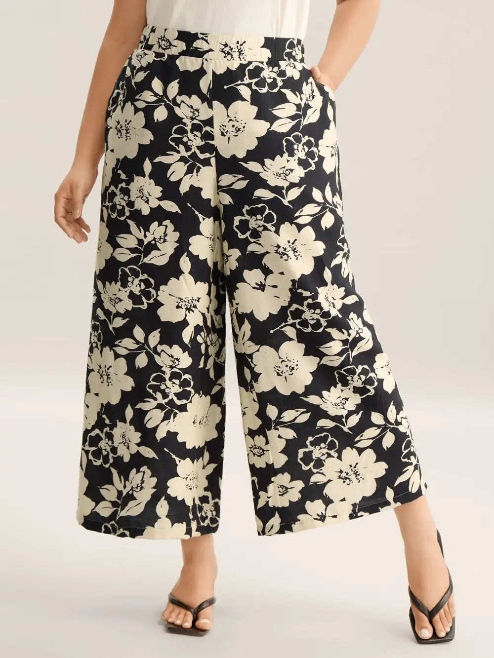 Floral Print Pull-On Wide-Leg Pants