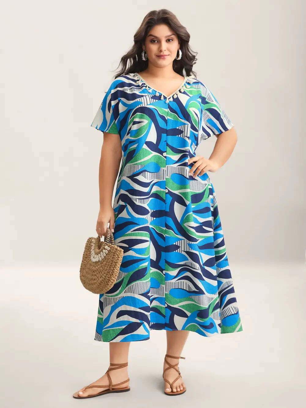 Abstract Print Backless Ribbon Maxi Dress