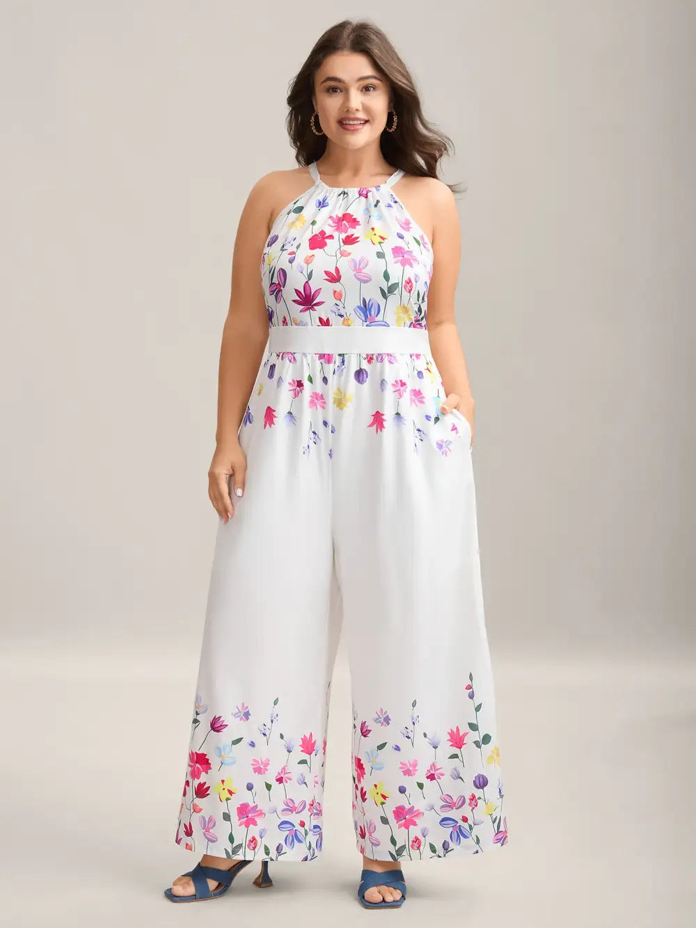 Floral Dance Halter Neck Wide-Leg Jumpsuit