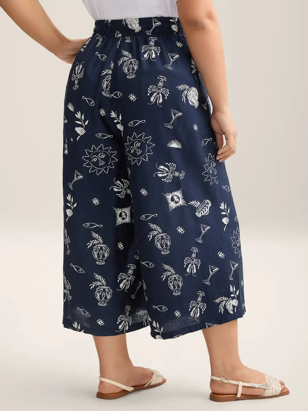 Marine Print Flowy Wide-Leg Pants