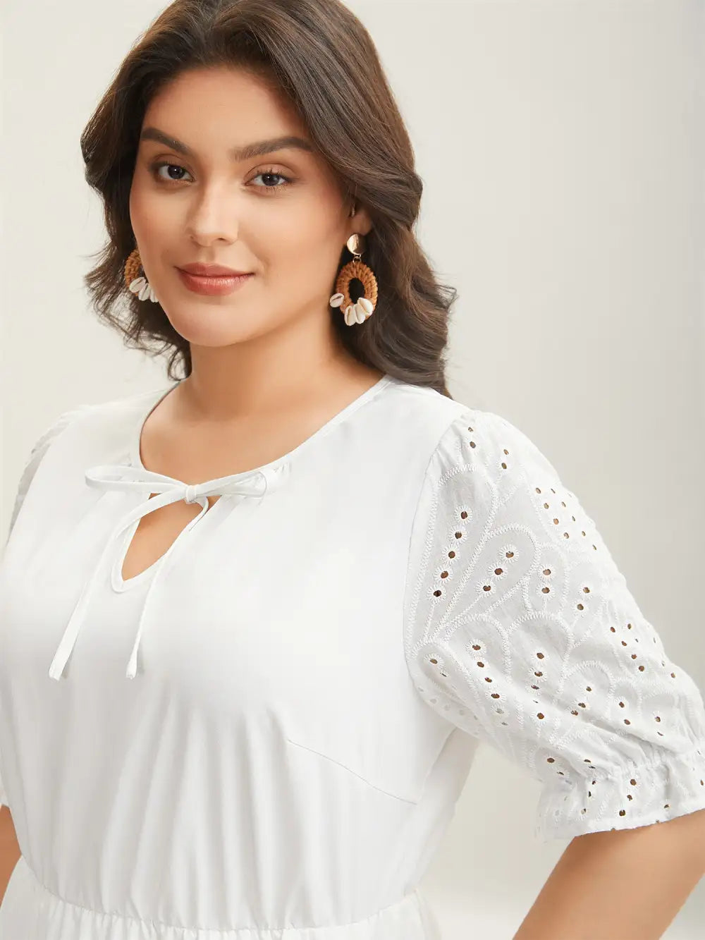 Textured Eyelet Sleeve Pockets Midi Dress