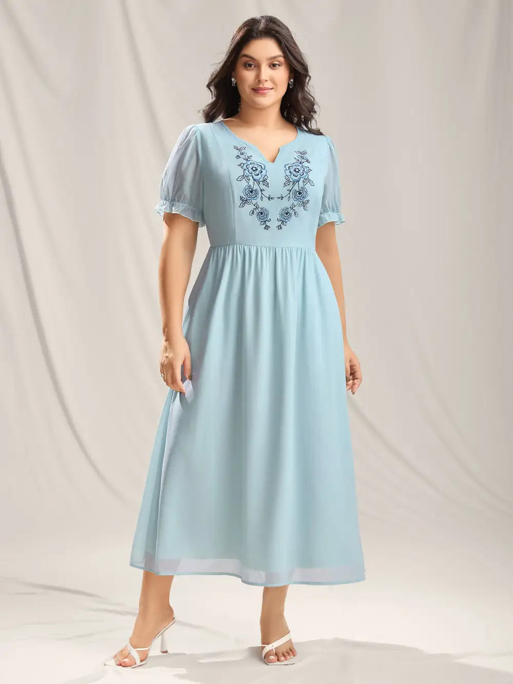 Embroidered Sheer Chiffon Pockets Midi Dress