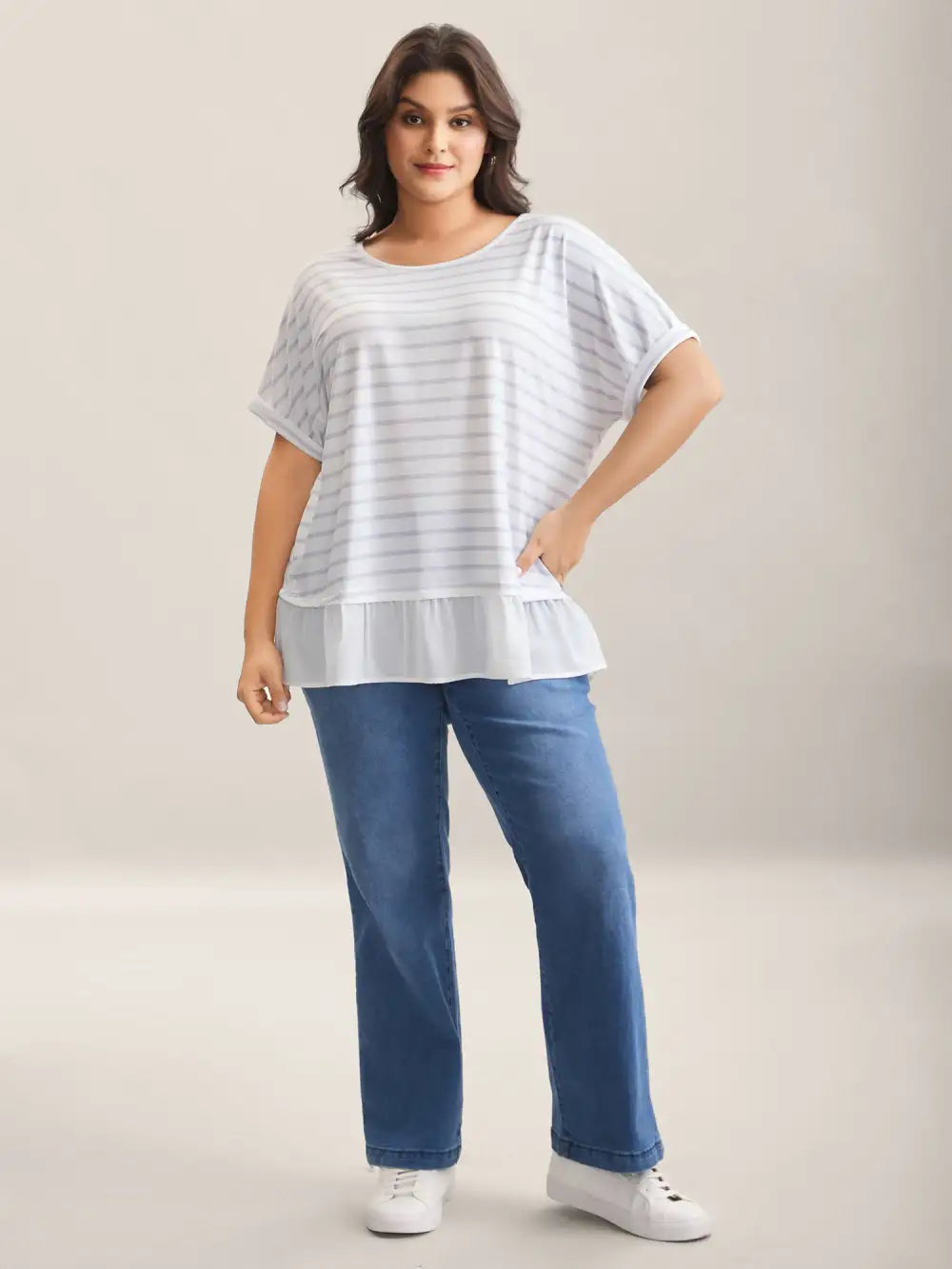 Stretchy Striped Print Round Neck Top