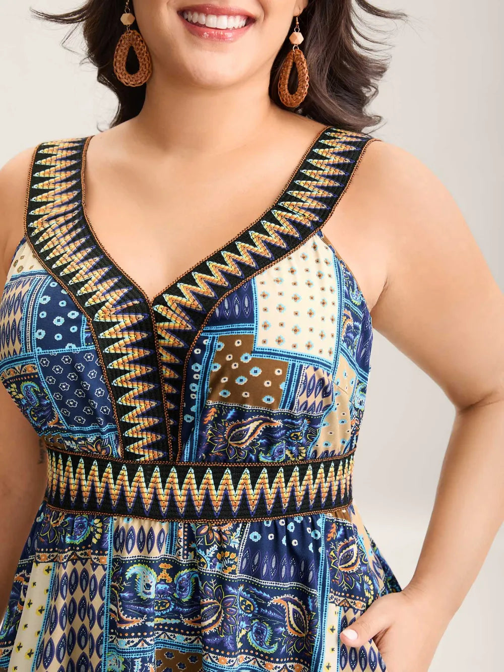 Boho Print Webbed Neck Midi Dress