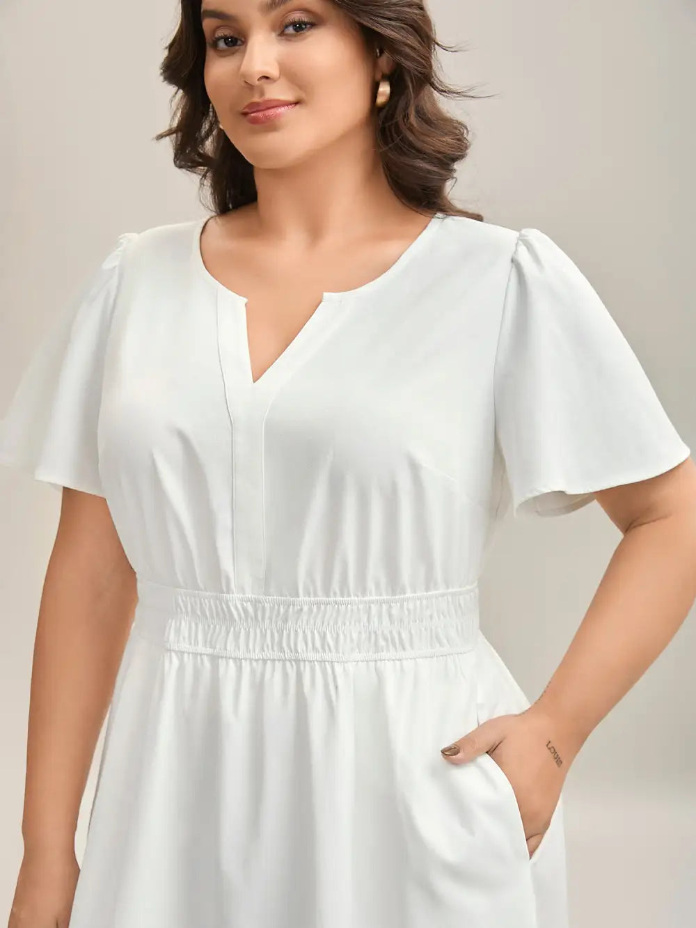 Woven Shirred Waist Split Neck Midi Dress