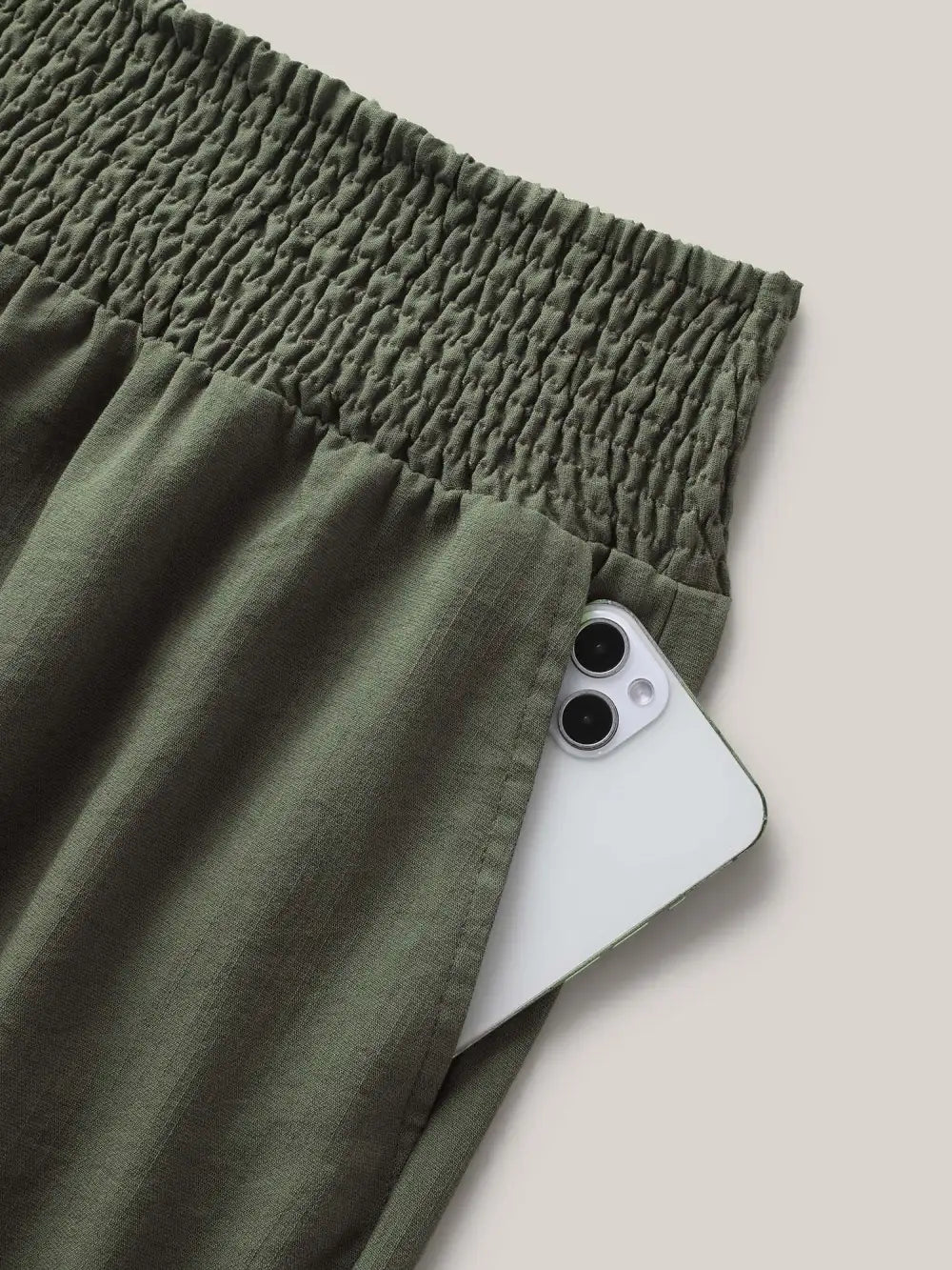 Shirred Waist Wide-Leg Solid Pants