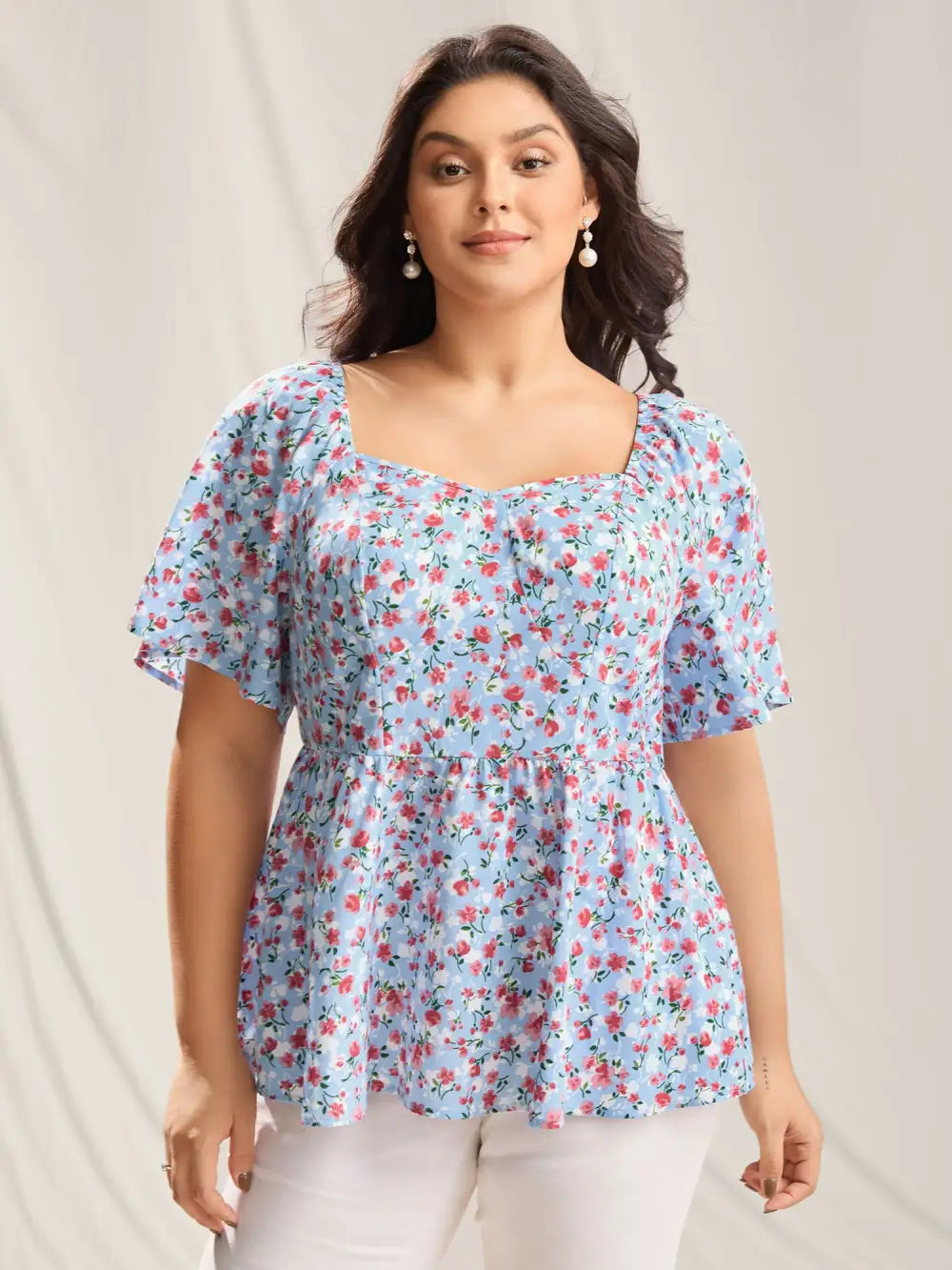Floral Print Sweetheart Cinched-Waist Blouse