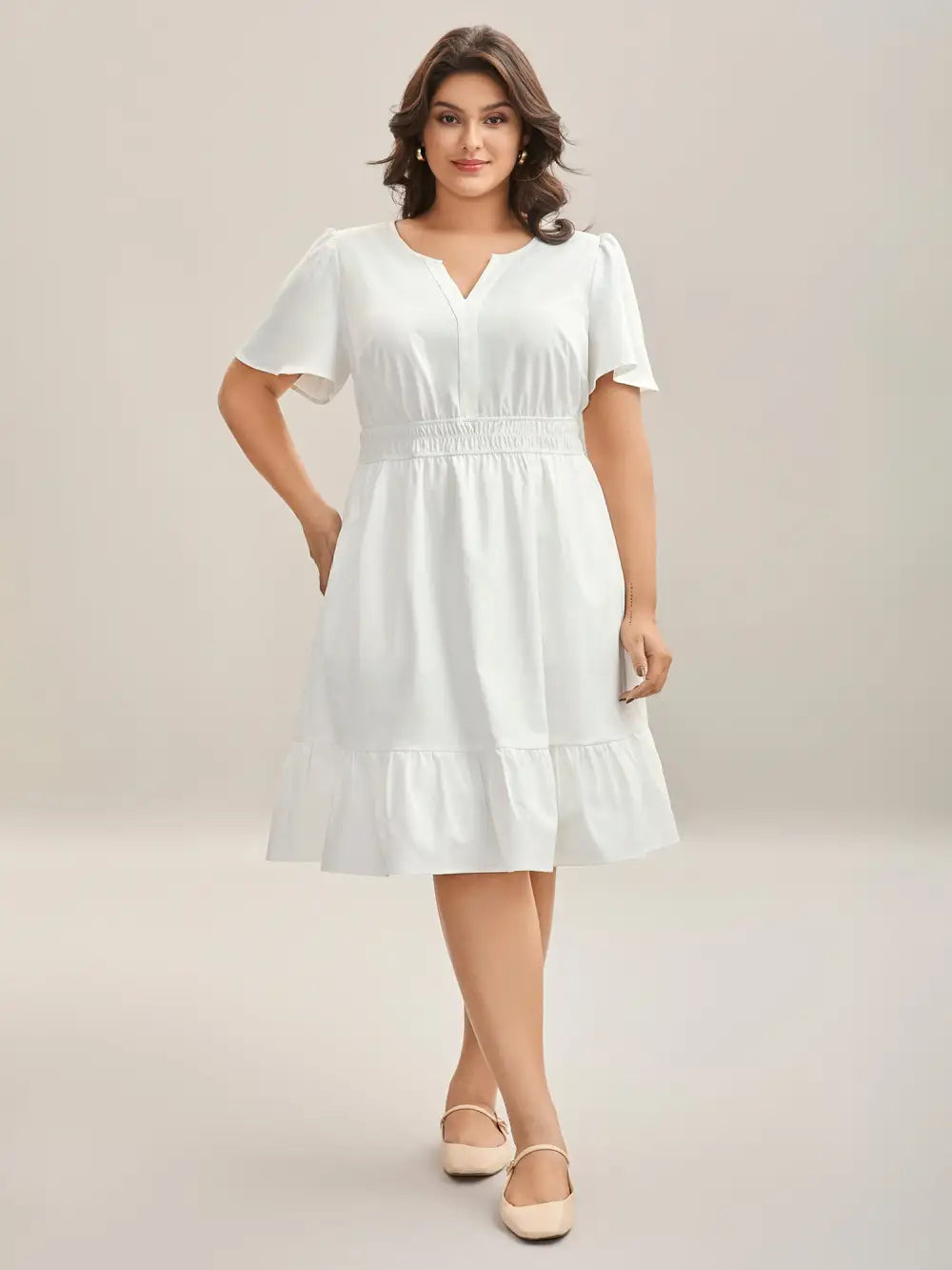 Woven Shirred Waist Split Neck Midi Dress
