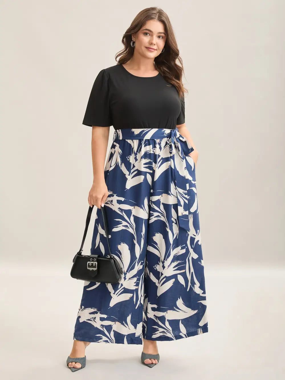 Feather Print Contrast Pockets Belted Jumpsuit