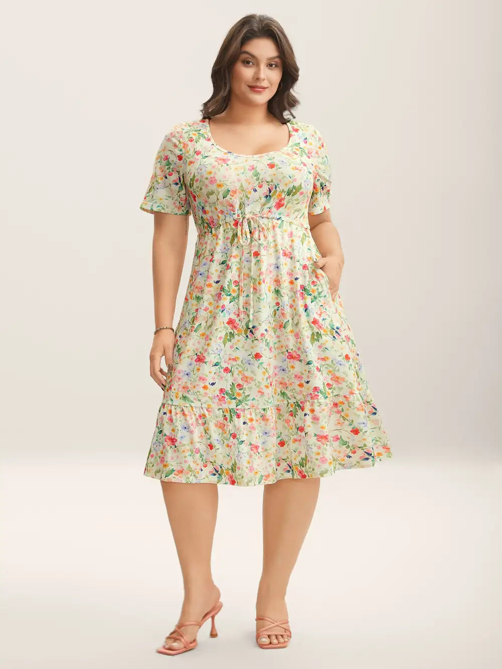 Ditsy Floral Print Waist Tie Midi Dress