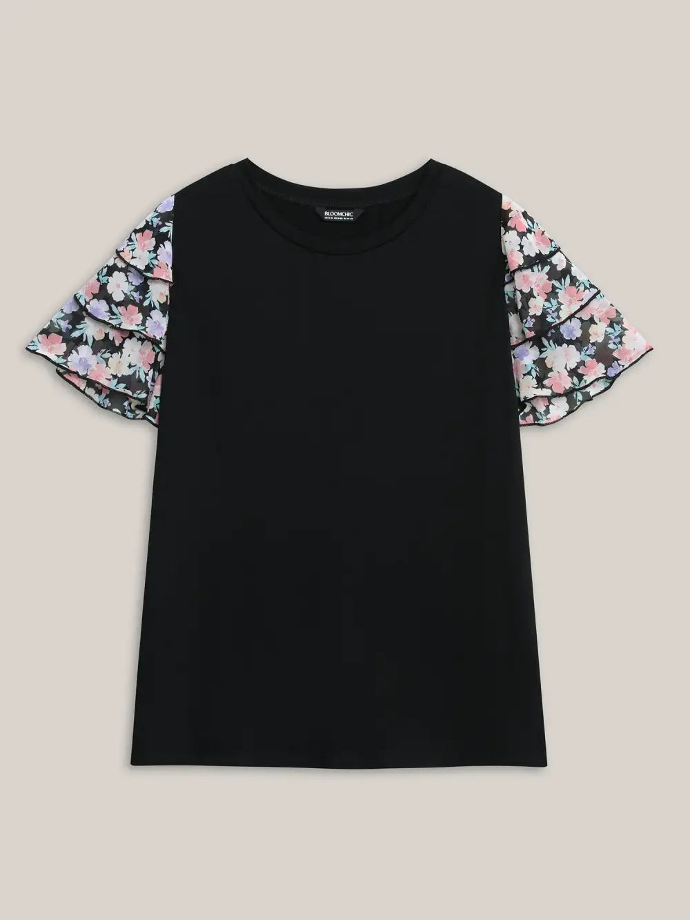 Floral Layered Sleeve Spliced Plain T-Shirt