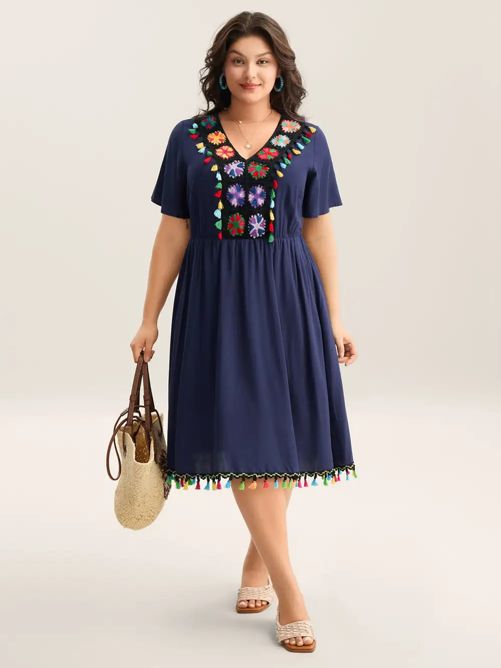 Rayon Colorful Tassels Stretchy Waist Midi Dress