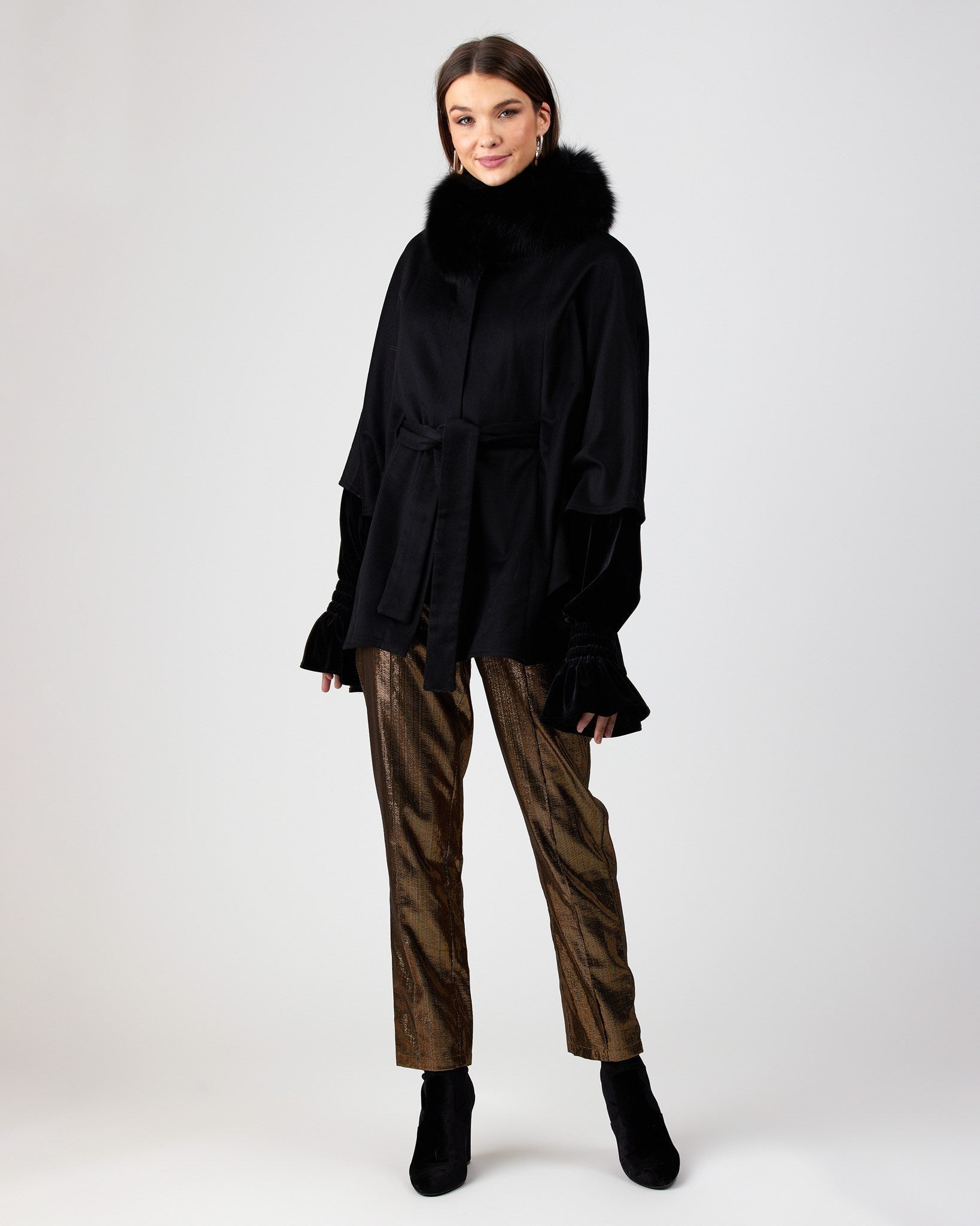 Wool Belted Cape with Fox Collar
