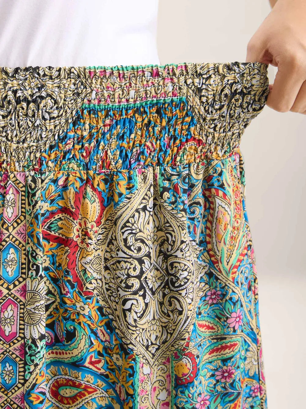 Paisley Print Shirred Waist Midi Skirt