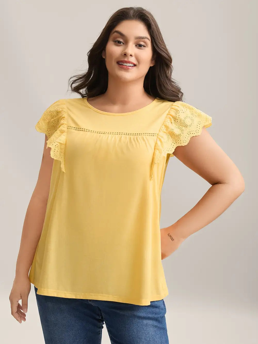 Eyelet Trim Plain Flutter Sleeve Top