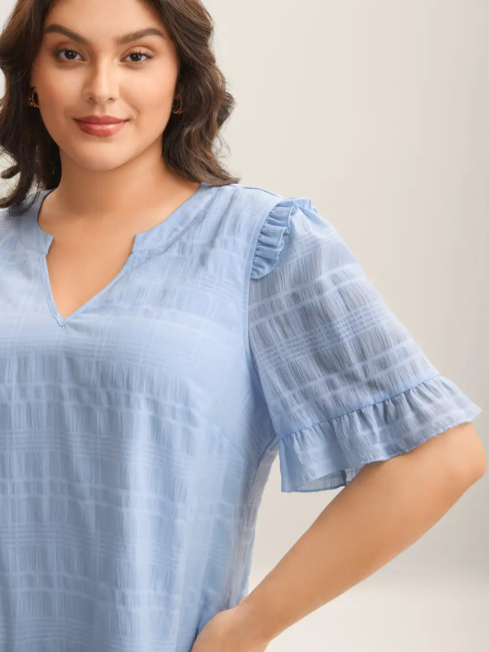 Checked Texture Jacquard Notched Collar Blouse