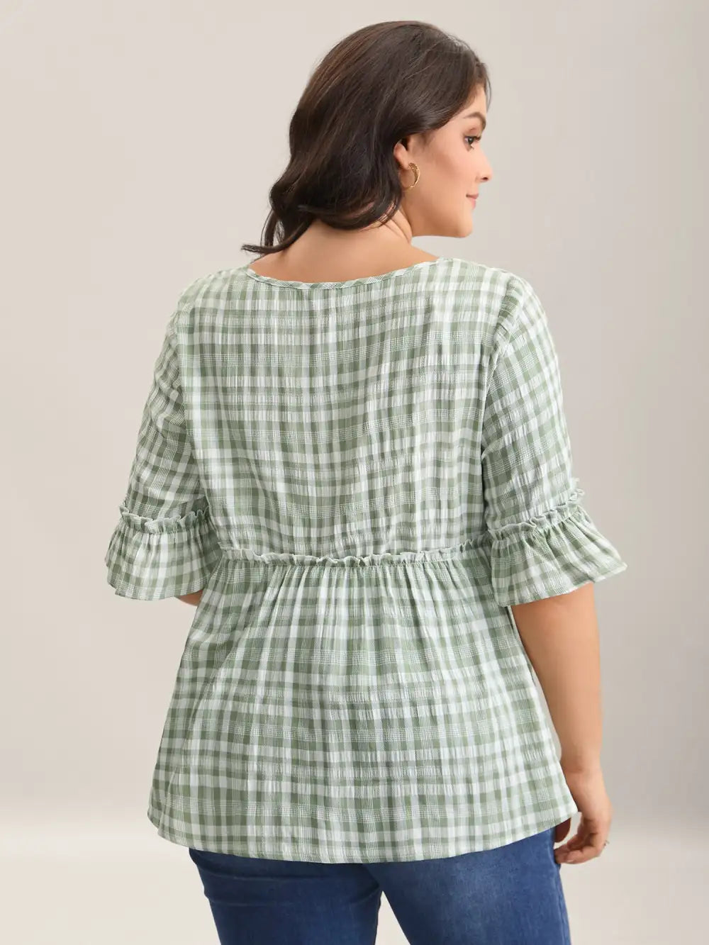 Plaid Pattern Ruffled Sleeve Babydoll Top