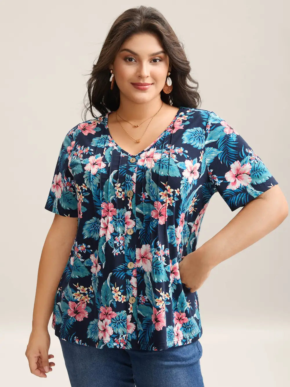 Large Flower Print Toothpick Pleat T-Shirt