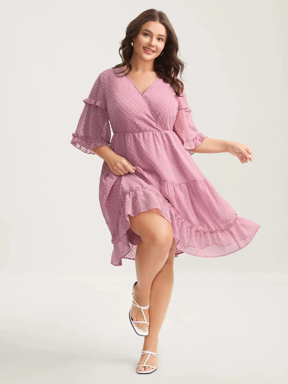 Textured Ruffled Trim Surplice Midi Dress