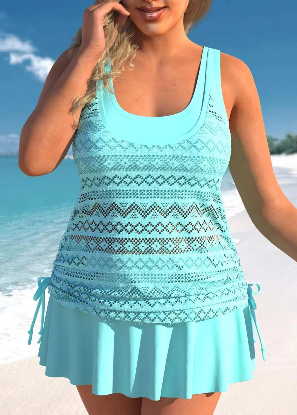 Plus Size Layered Cyan Lace Tankini Top