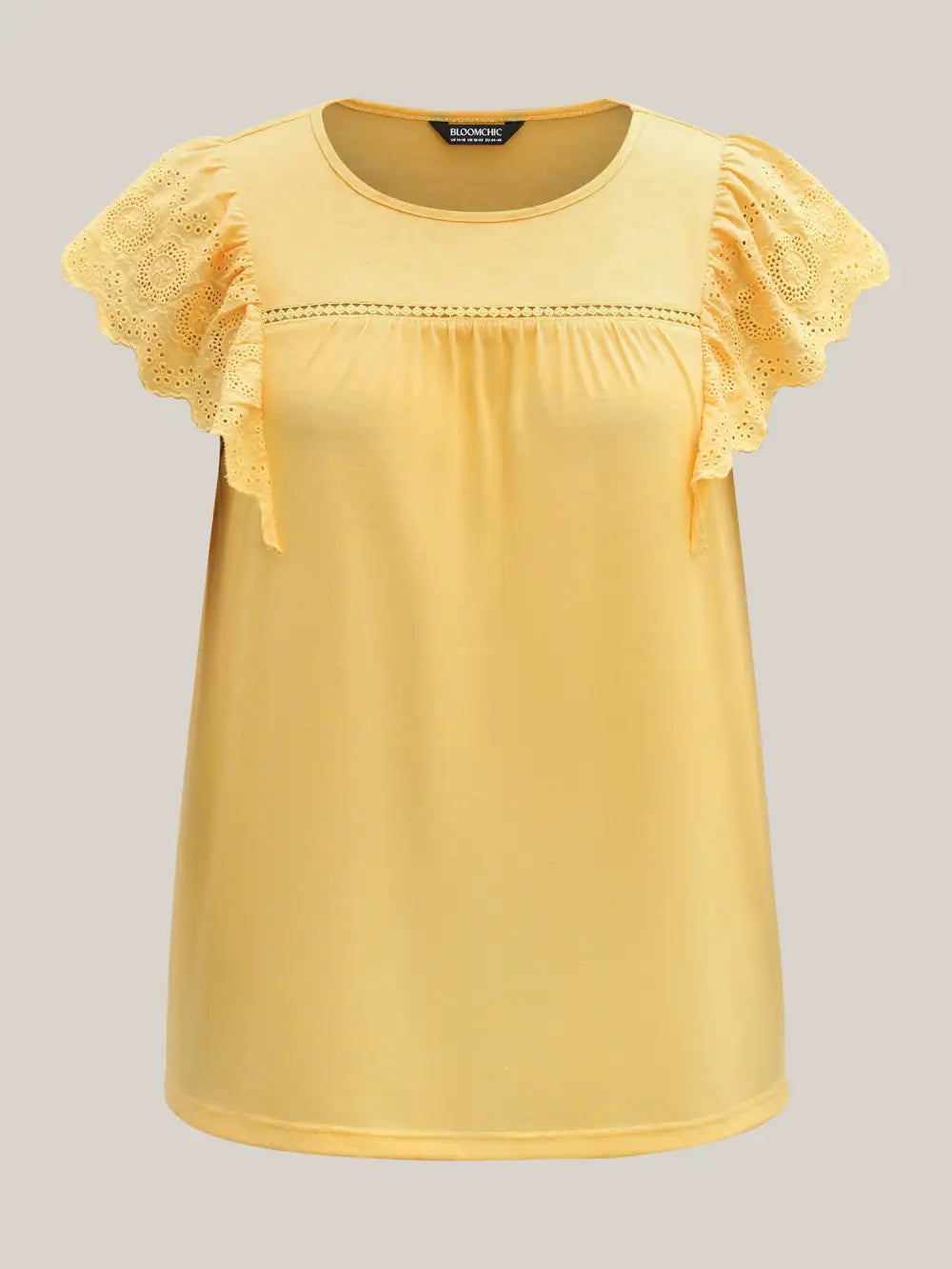 Eyelet Trim Plain Flutter Sleeve Top