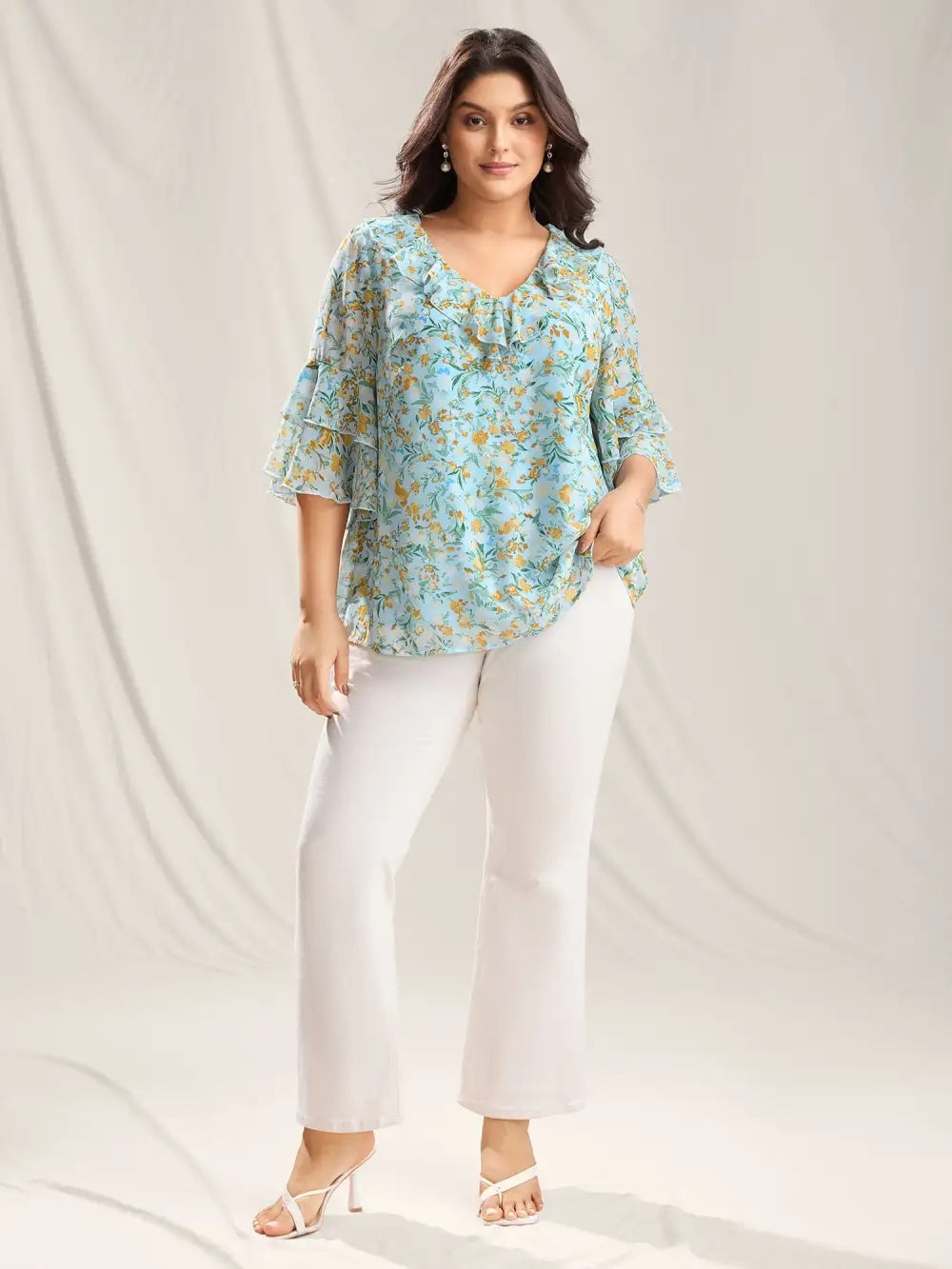 Floral Print Ruffled Layered Sleeve Blouse