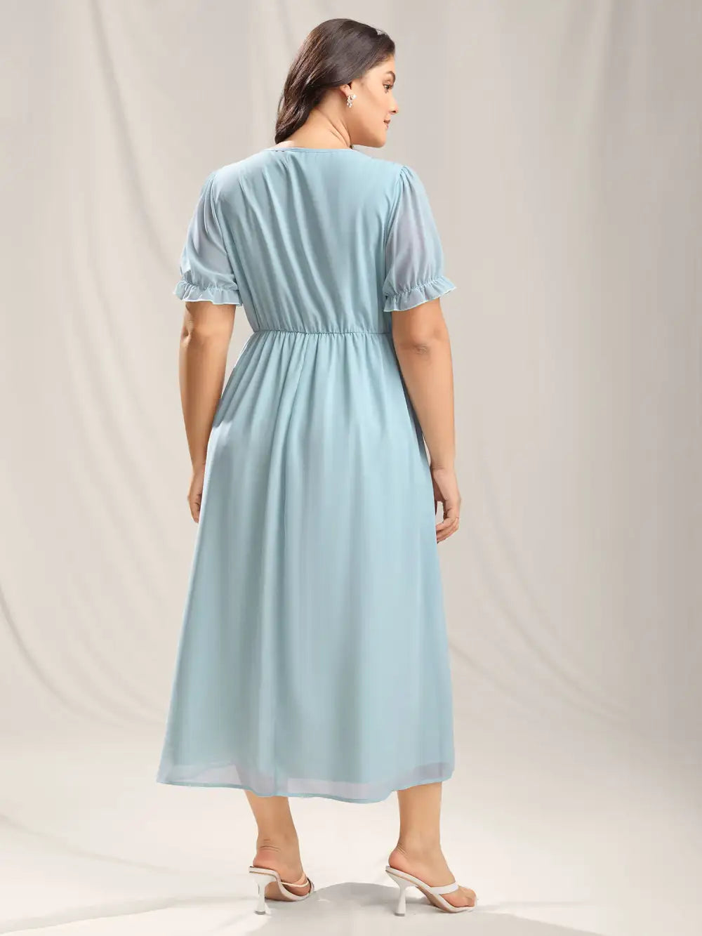 Embroidered Sheer Chiffon Pockets Midi Dress