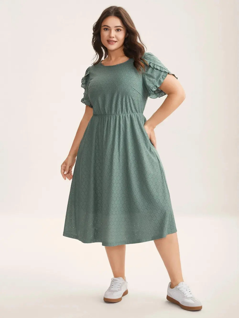 Textured Petal Sleeve Pockets Midi Dress