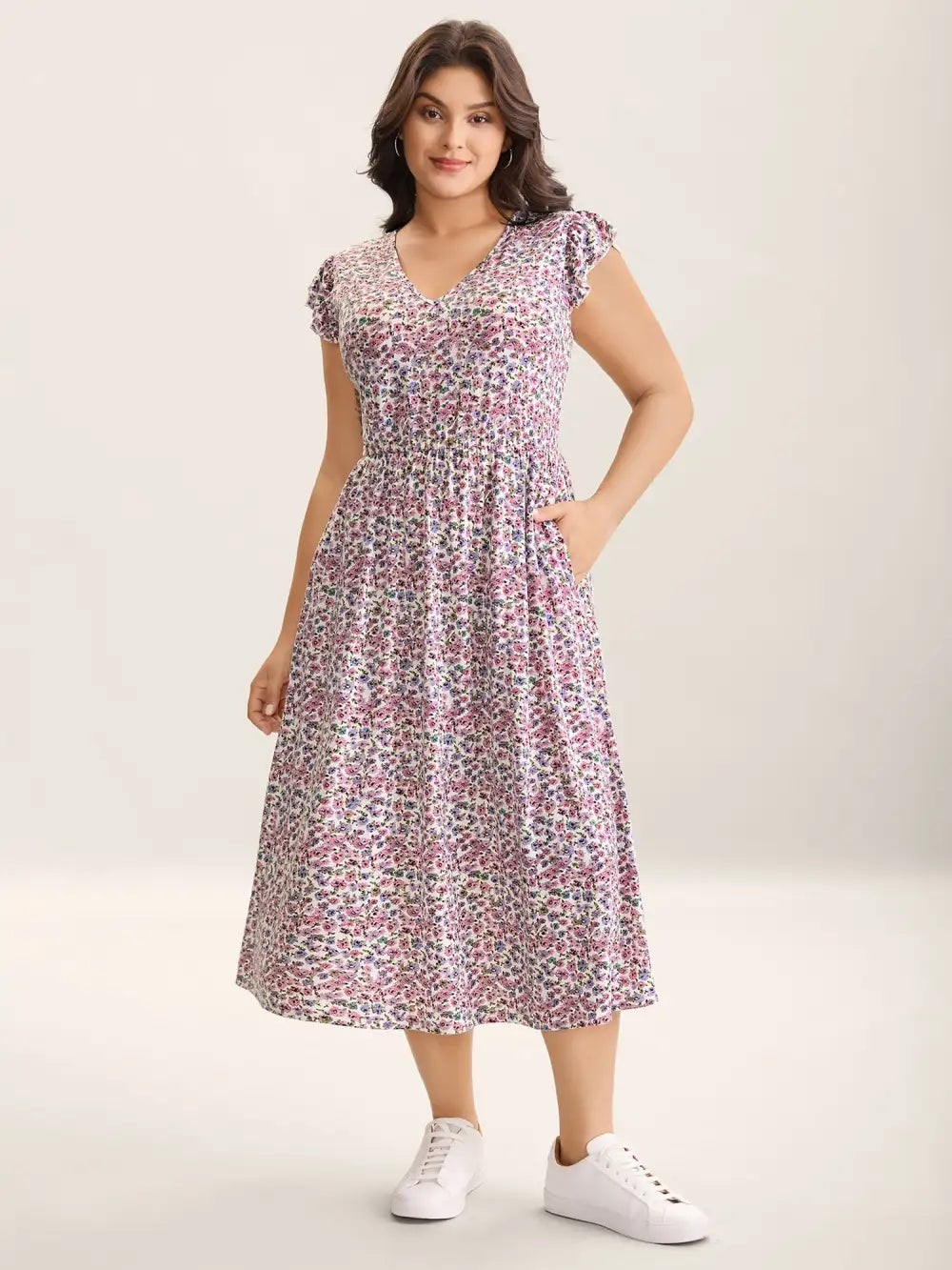 Ditsy Floral Flutter Sleeve Pockets Midi Dress