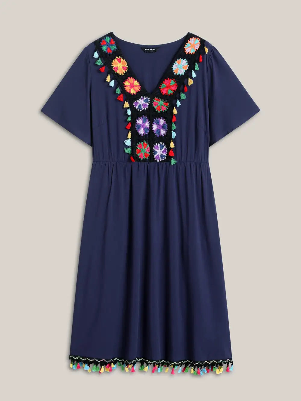 Rayon Colorful Tassels Stretchy Waist Midi Dress