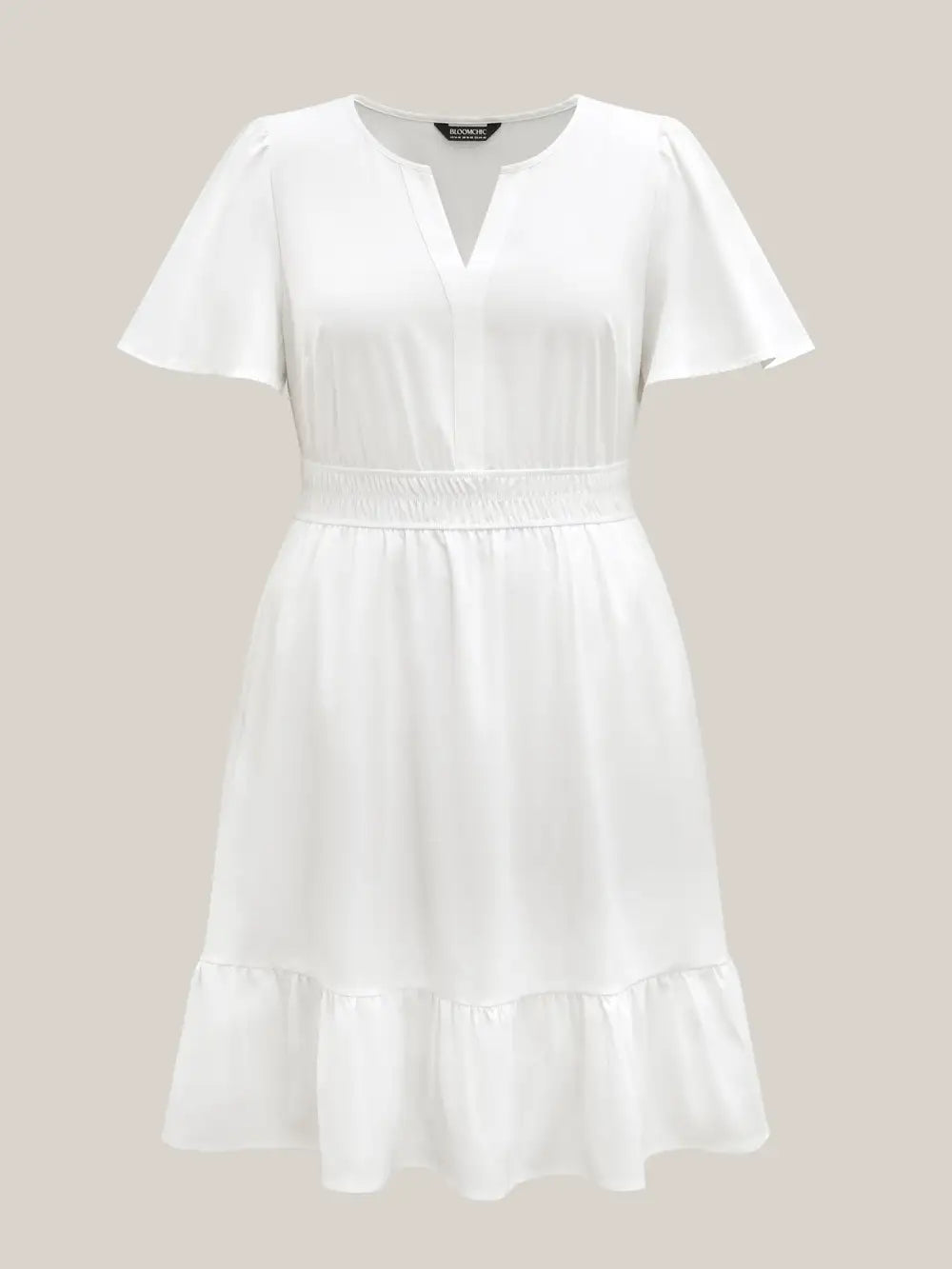 Woven Shirred Waist Split Neck Midi Dress