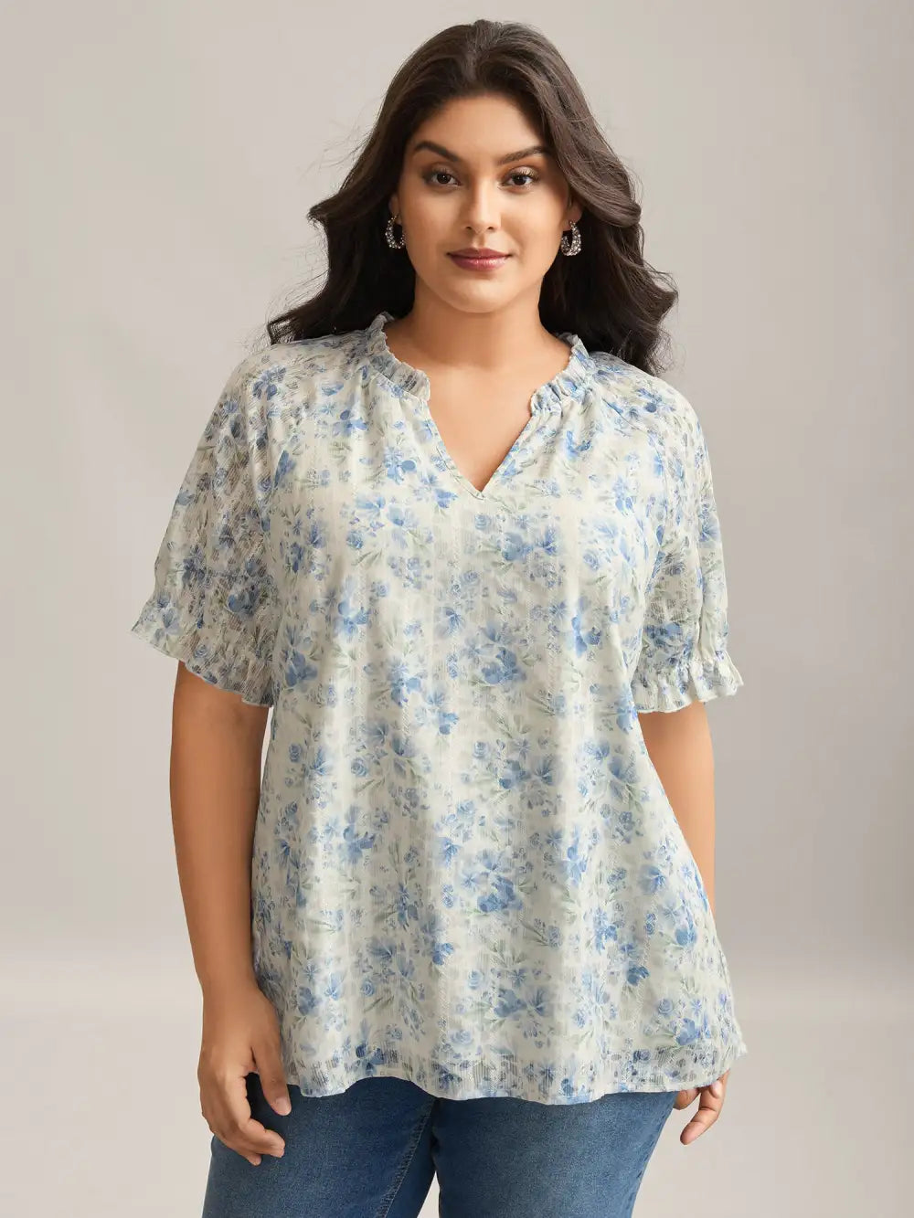 Floral Print Embroidered Petal Trim Blouse