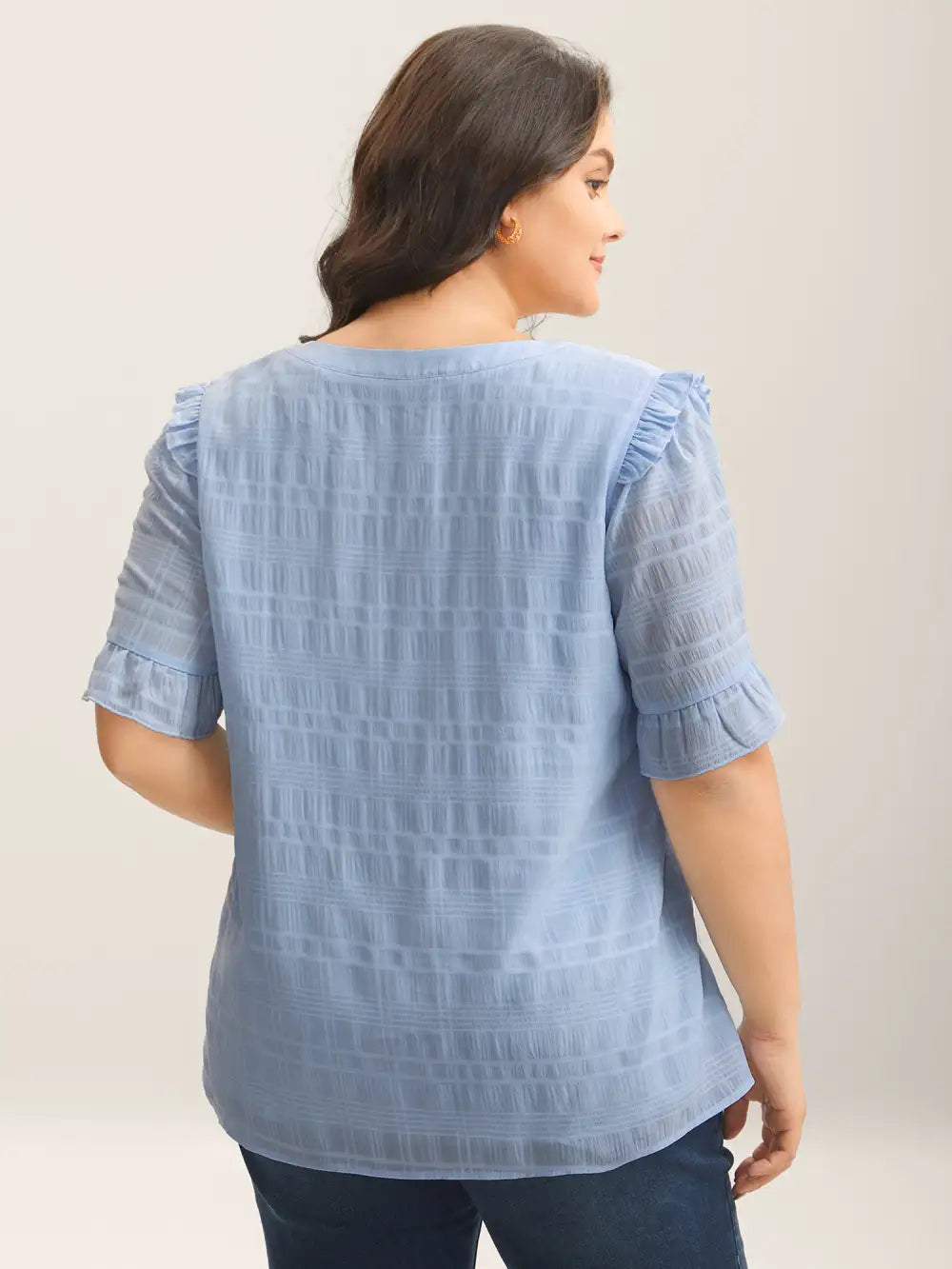 Checked Texture Jacquard Notched Collar Blouse