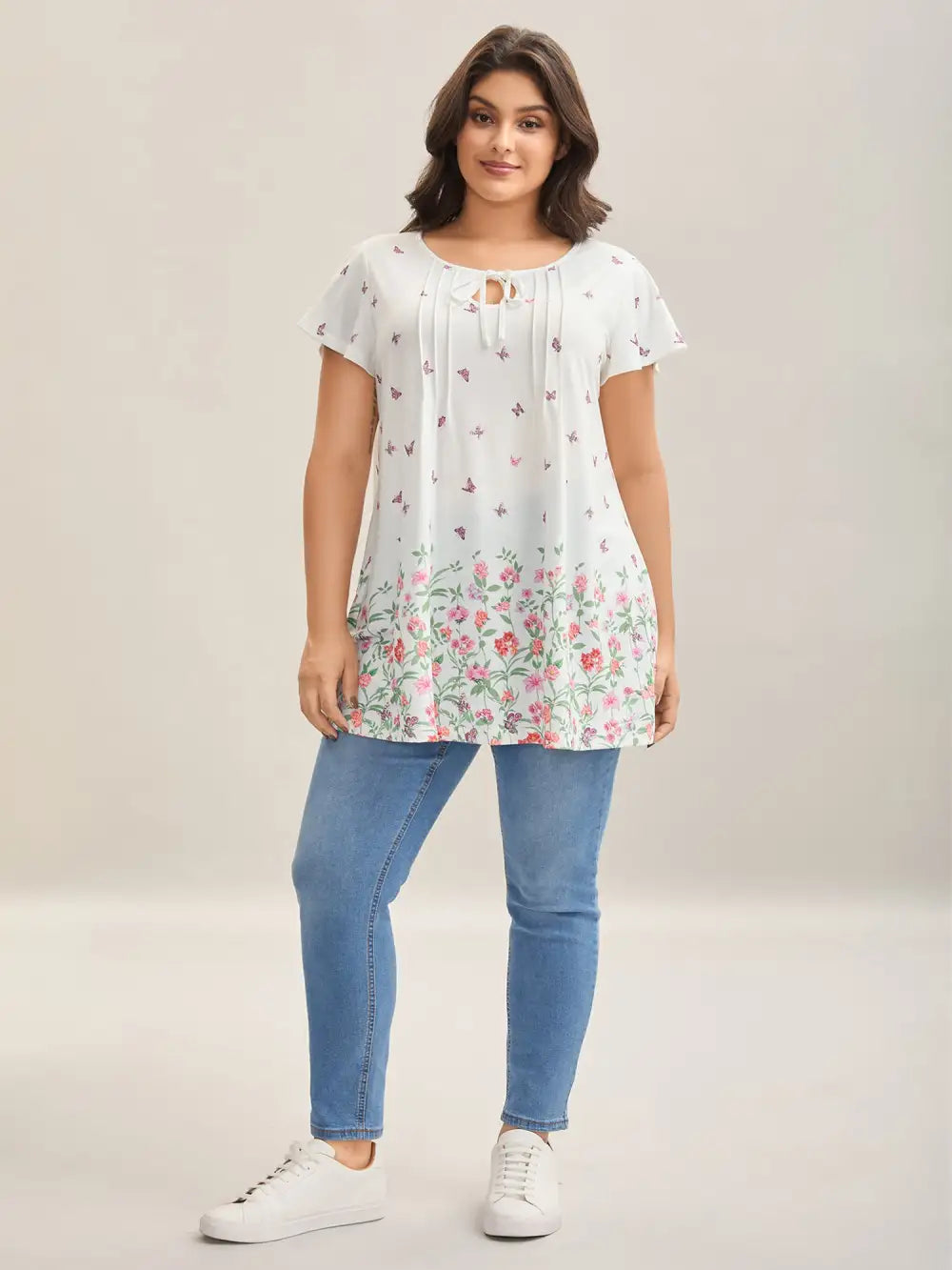 Butterfly Garden Print Neck-Tie Top