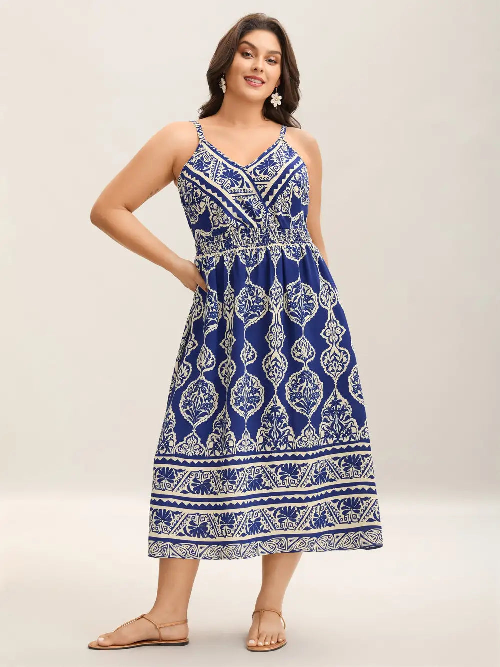 Boho Print Shirred Pockets Midi Dress