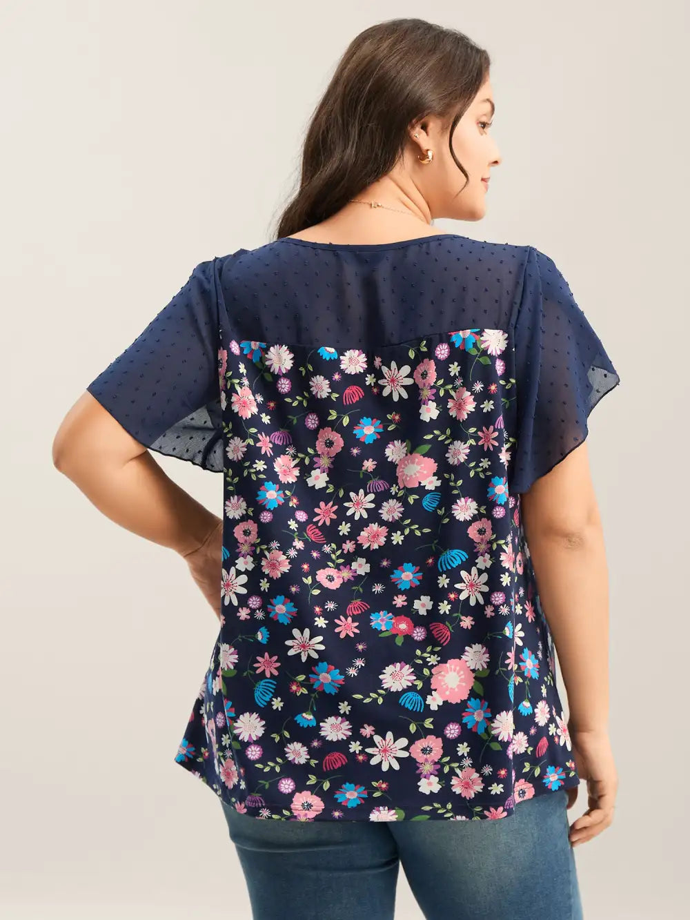 Floral Print Petal Sleeves Spliced Top