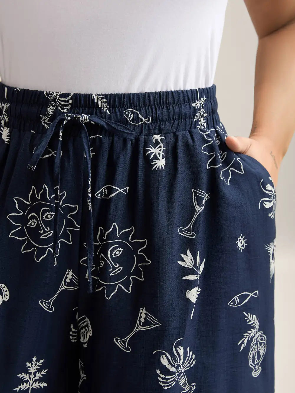 Marine Print Flowy Wide-Leg Pants