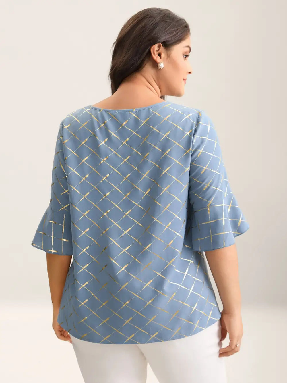 Glitter Plaid Ruffle Sleeve Blouse