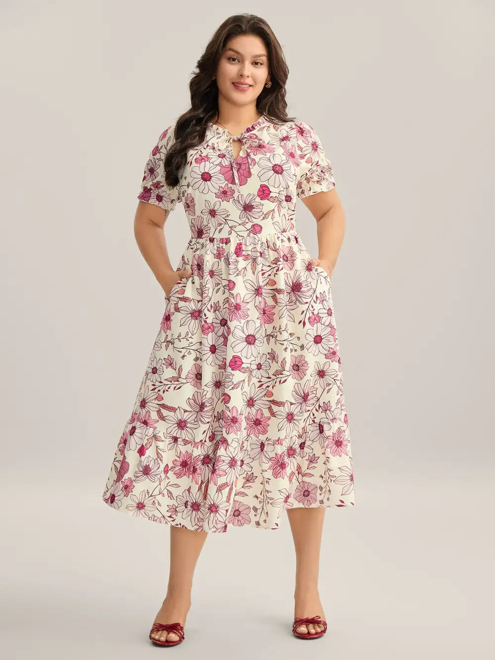 Floral Print Neck Tie Tiered Maxi Dress