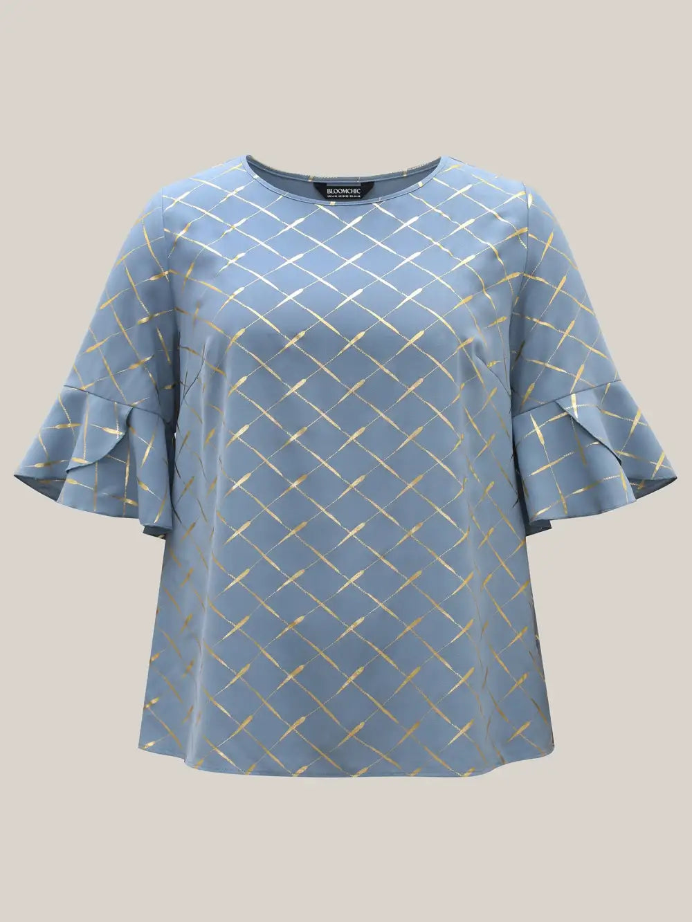 Glitter Plaid Ruffle Sleeve Blouse