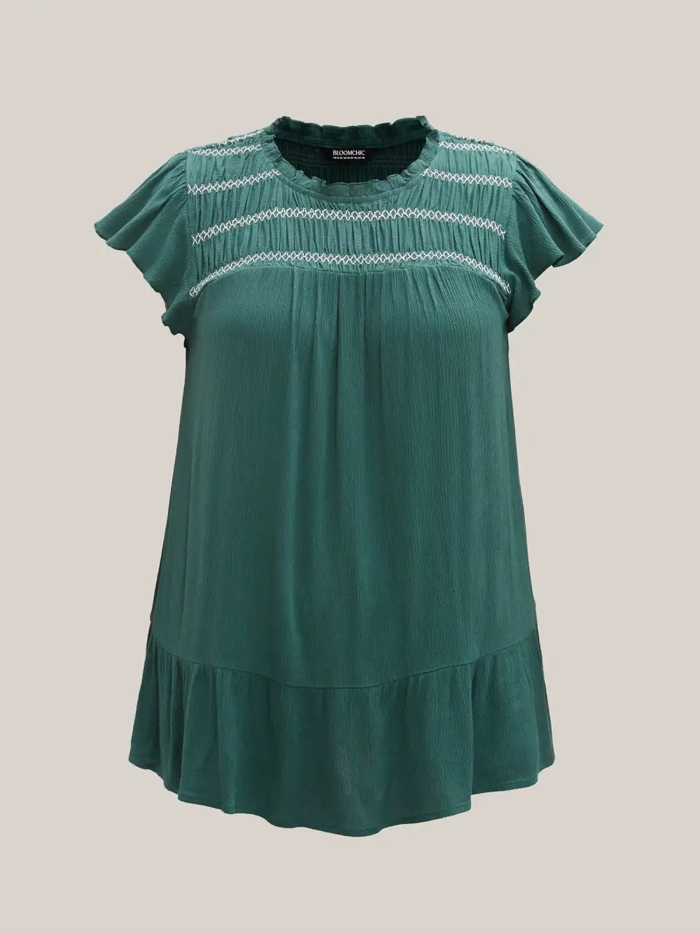 Rayon Shirred Neck Flutter Sleeve Tiered Blouse