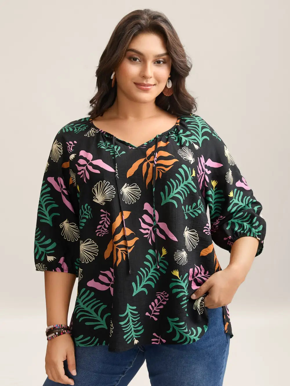 Multi-Color Leaf Print Tassels Blouse