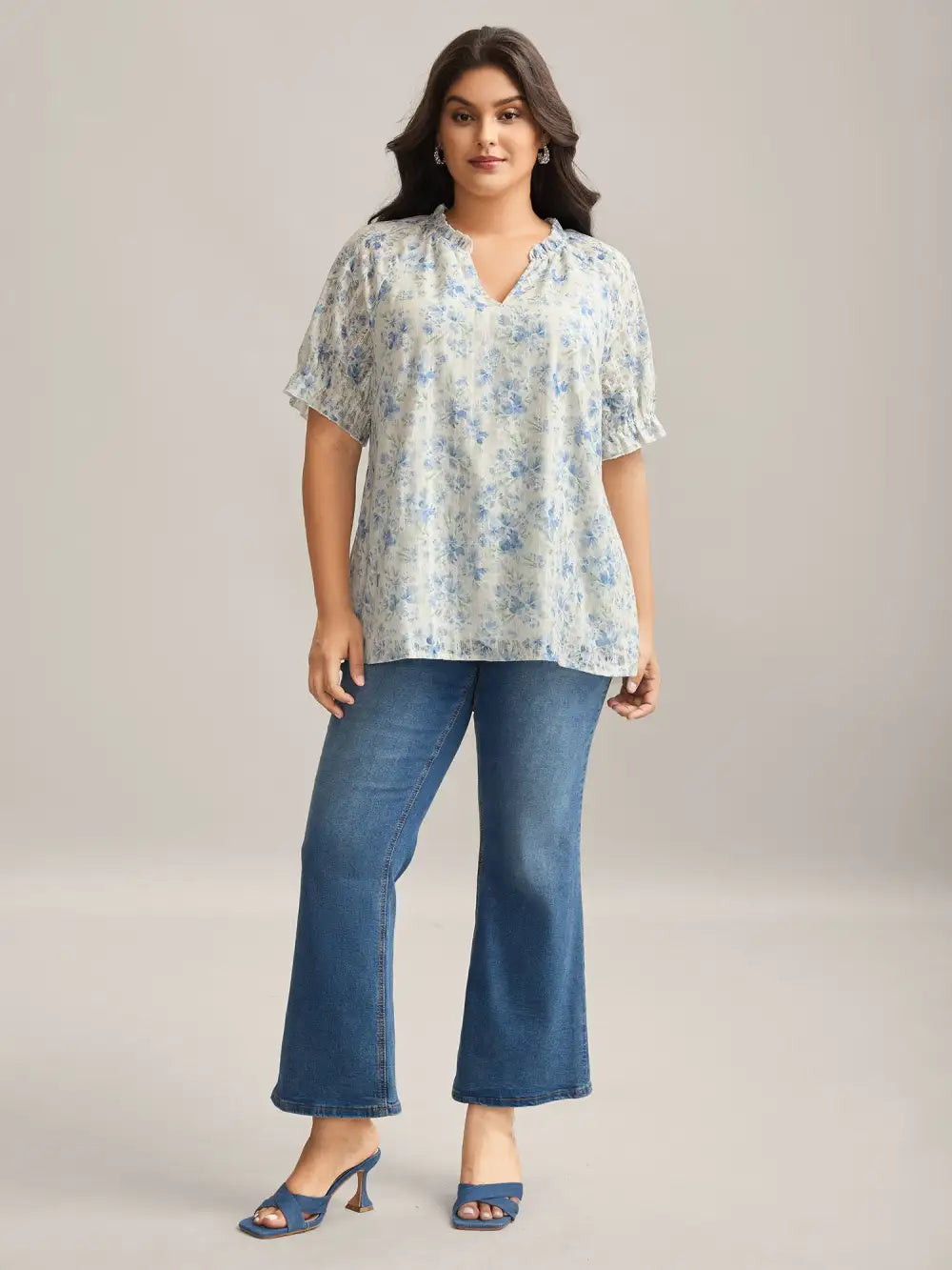 Floral Print Embroidered Petal Trim Blouse