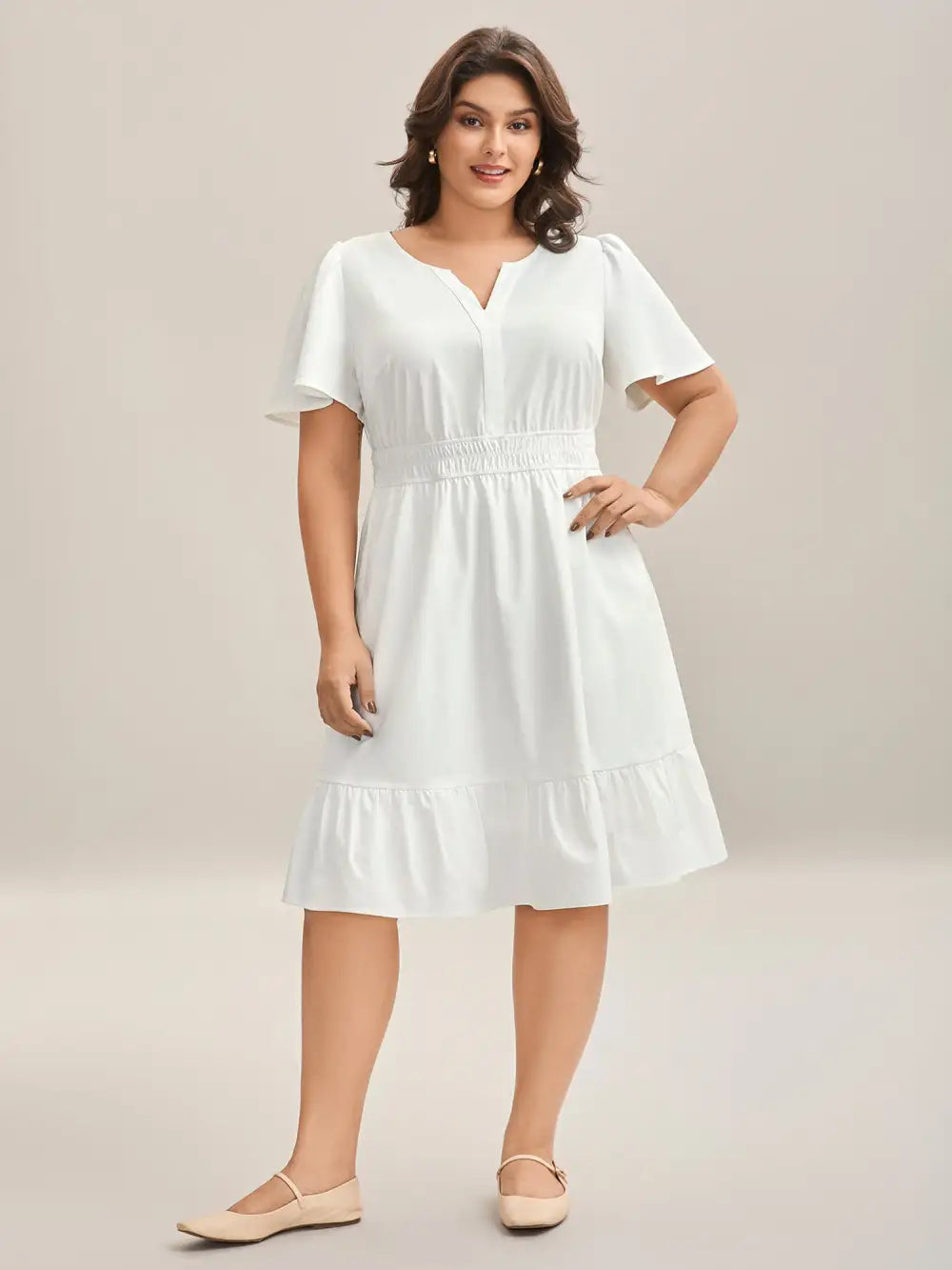 Woven Shirred Waist Split Neck Midi Dress