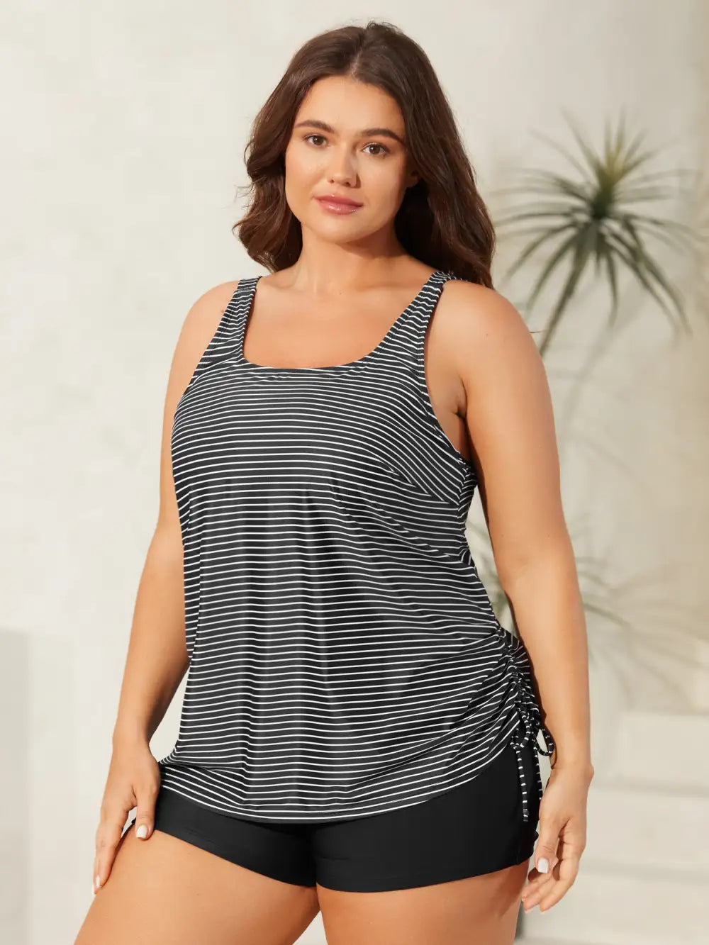 Striped Non-Removable Cups Swim Tankini