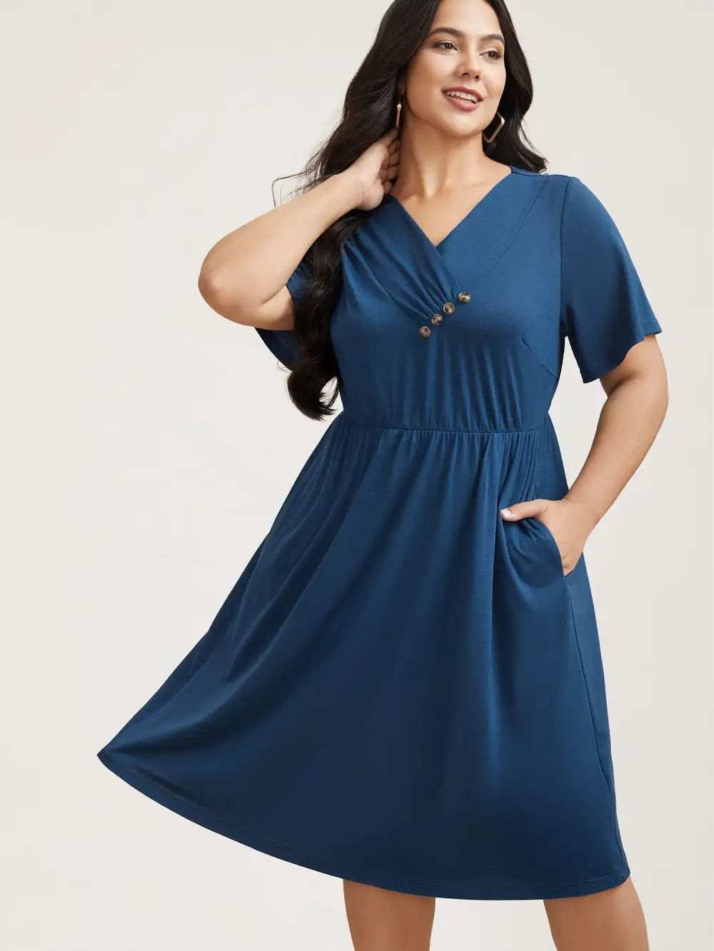 Button Detail Pleated Pockets Midi Dress