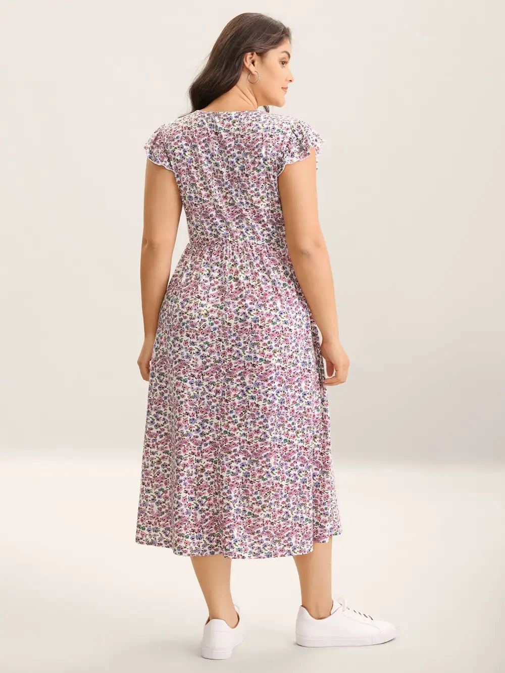 Ditsy Floral Flutter Sleeve Pockets Midi Dress
